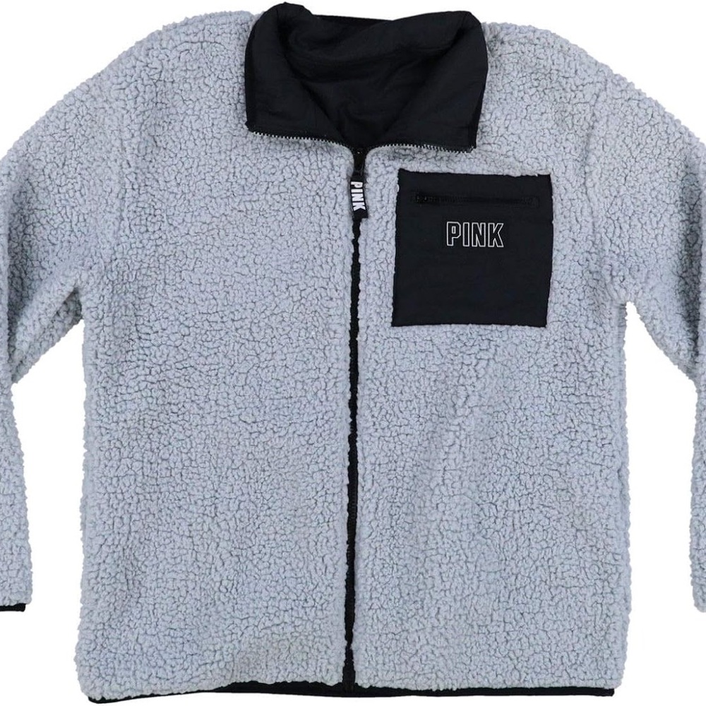 PINK Victoria’s Secret Reversible Sherpa Full Zip Jacket Blue Black Size Large
